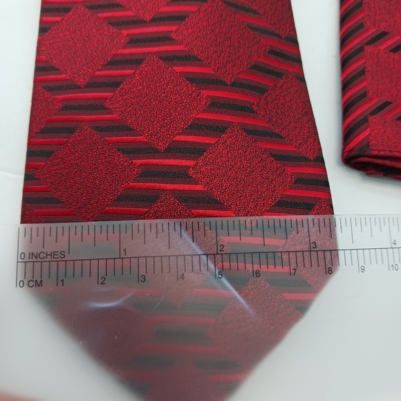 2 Piece Set Mario Lorenzi Mens Tie & Pocket Square Red Black  60" Classic - Picture 6 of 7